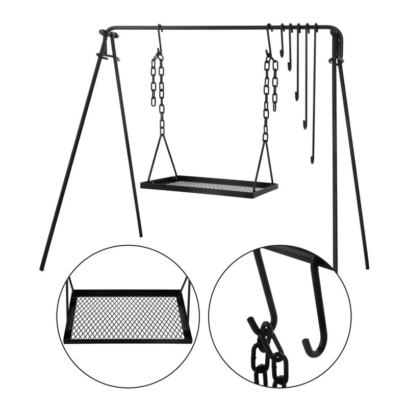 Bruntmor Grill Swing Campfire Cooking Stand BBQ Grill for Cookware & Dutch Oven Adjustable Collapsible Legs with Hooks & Accessories & Carrying Case Black - Image 4